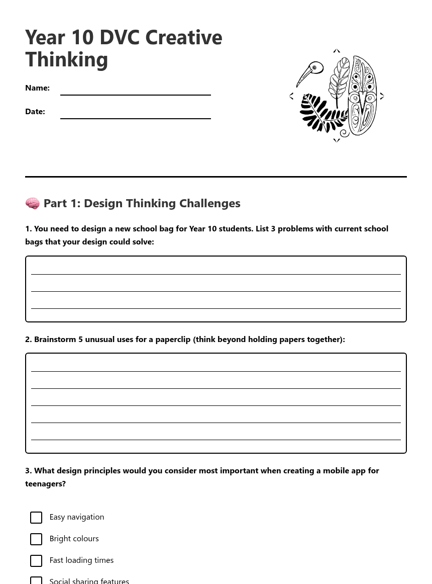 Year 10 DVC Creative Thinking worksheet preview