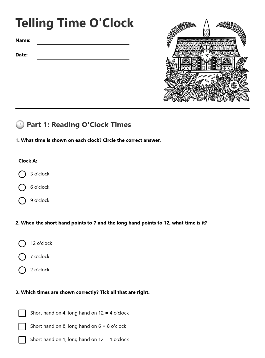 Telling Time O'Clock worksheet preview