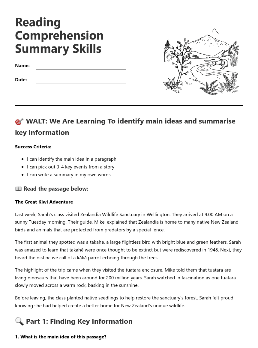 Reading Comprehension Summary Skills worksheet preview