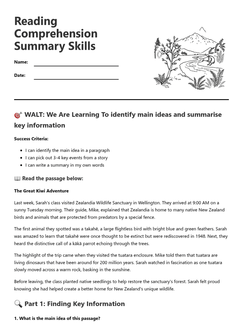 Reading Comprehension Summary Skills