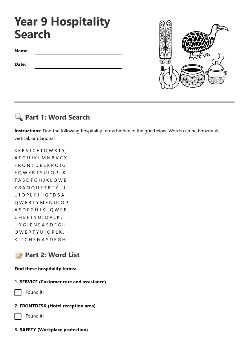 Year 9 Hospitality Search worksheet preview
