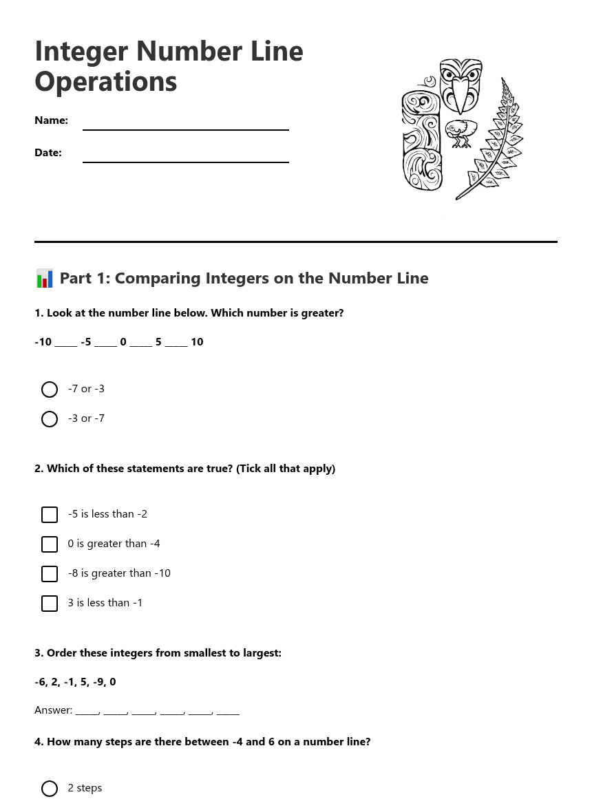 Integer Number Line Operations worksheet preview