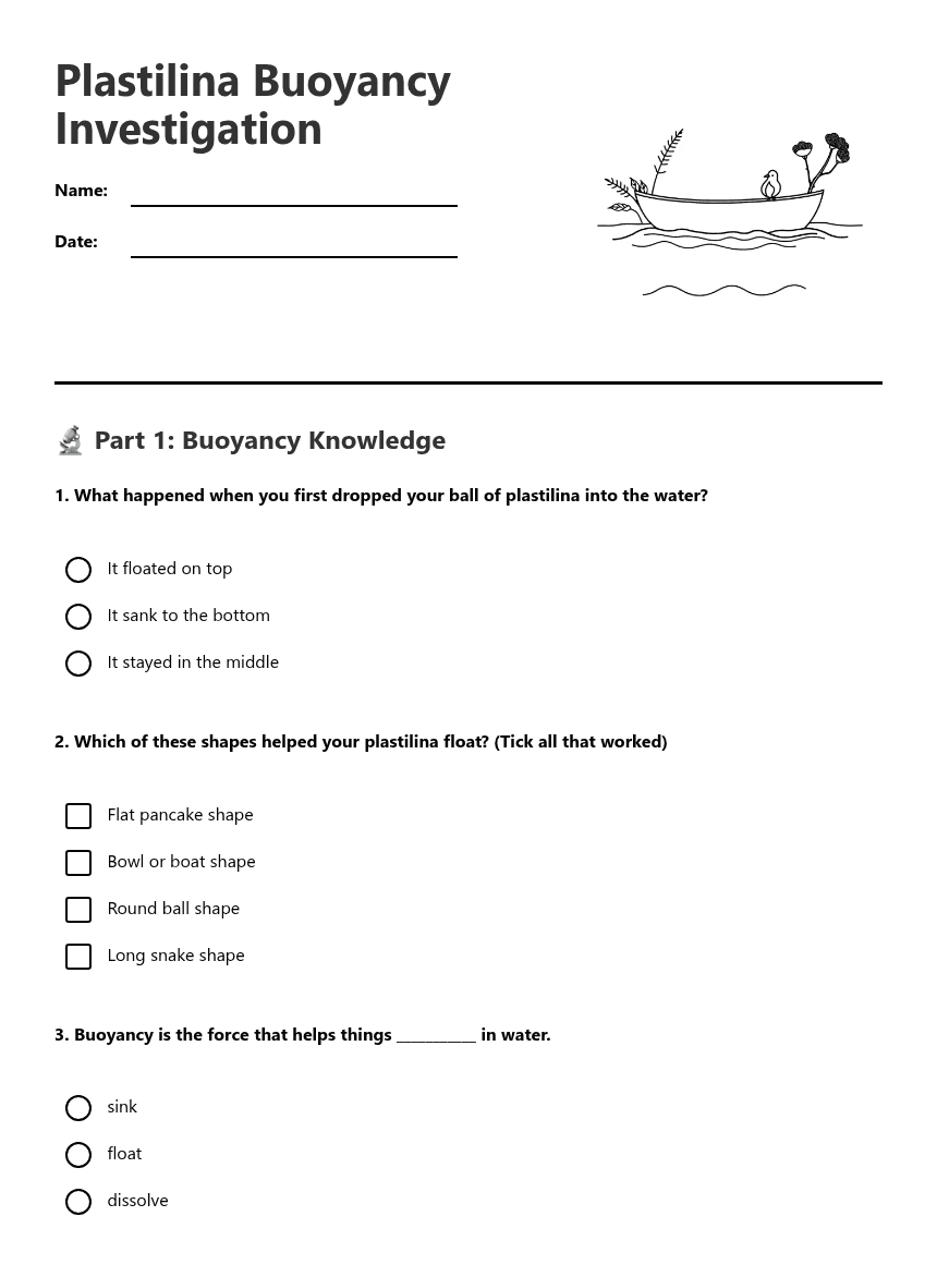 Plastilina Buoyancy Investigation worksheet preview