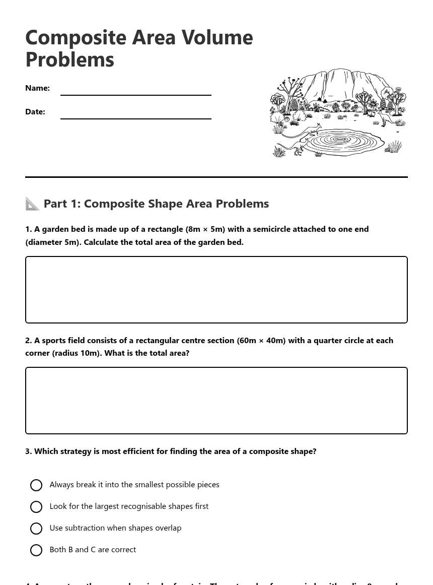Composite Area Volume Problems worksheet preview