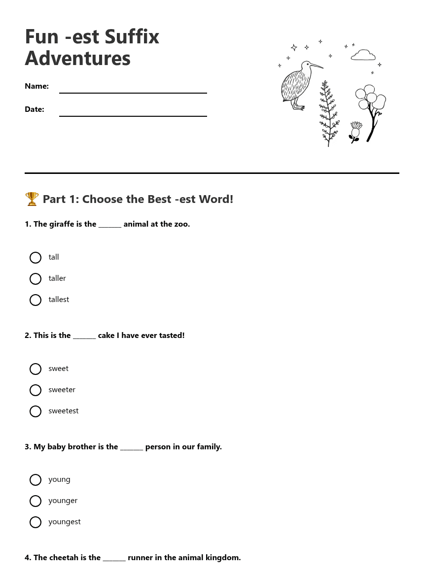 Fun -est Suffix Adventures worksheet preview