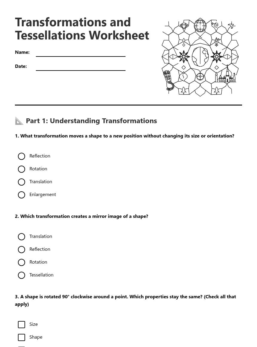 Transformations and Tessellations Worksheet worksheet preview
