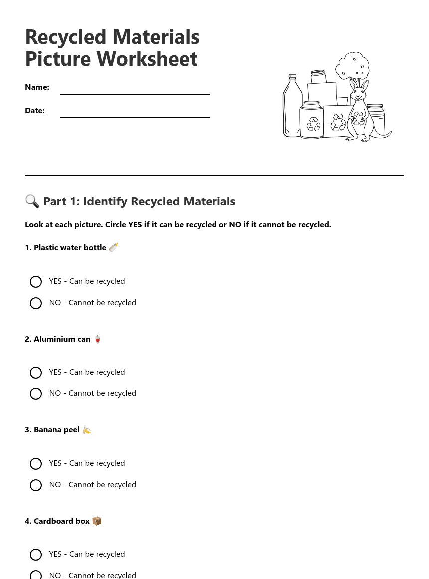 Recycled Materials Picture Worksheet worksheet preview