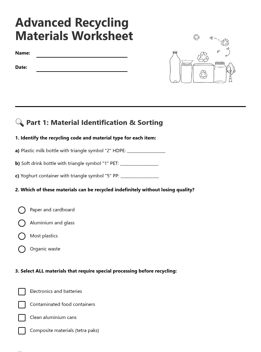 Advanced Recycling Materials Worksheet worksheet preview