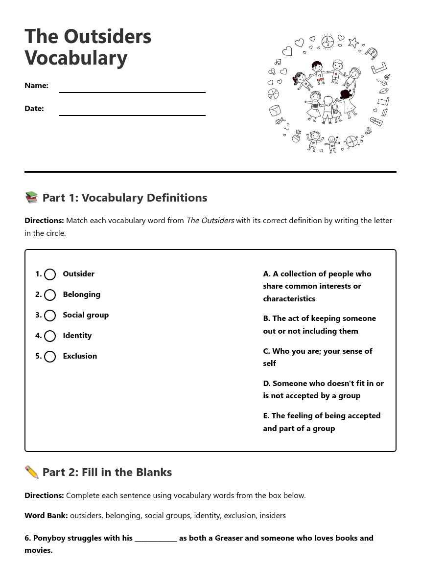 The Outsiders Vocabulary worksheet preview