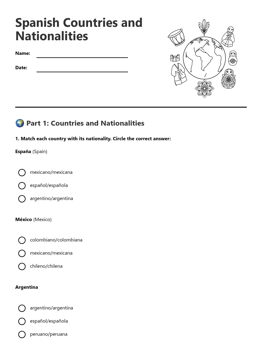 Spanish Countries and Nationalities worksheet preview