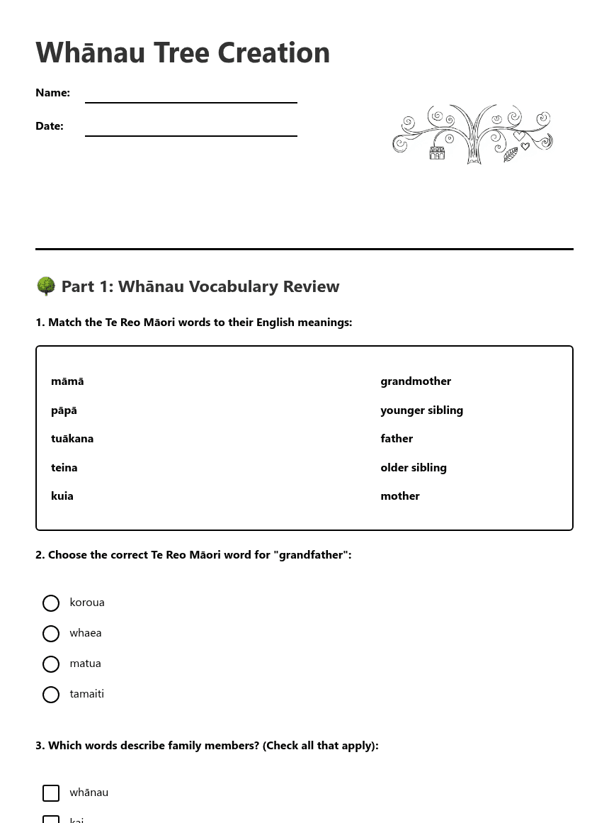 Whānau Tree Creation worksheet preview
