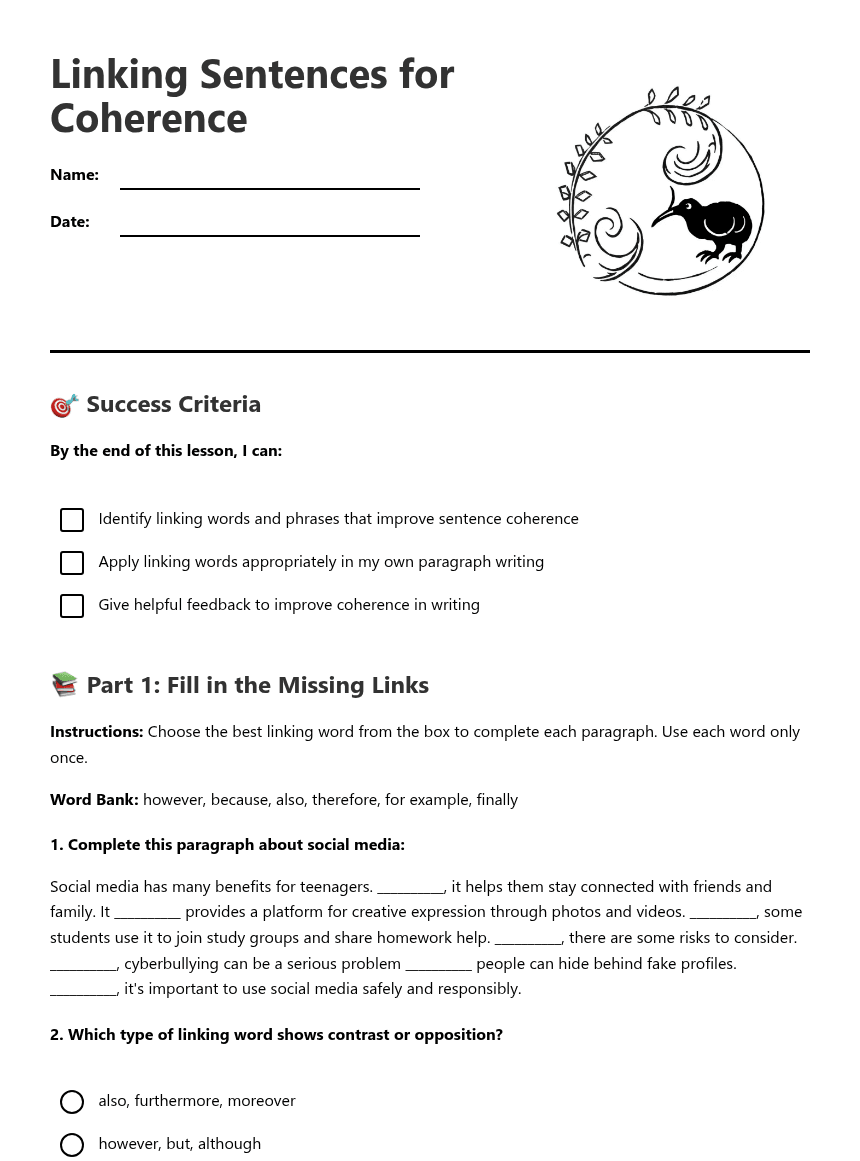 Linking Sentences for Coherence worksheet preview