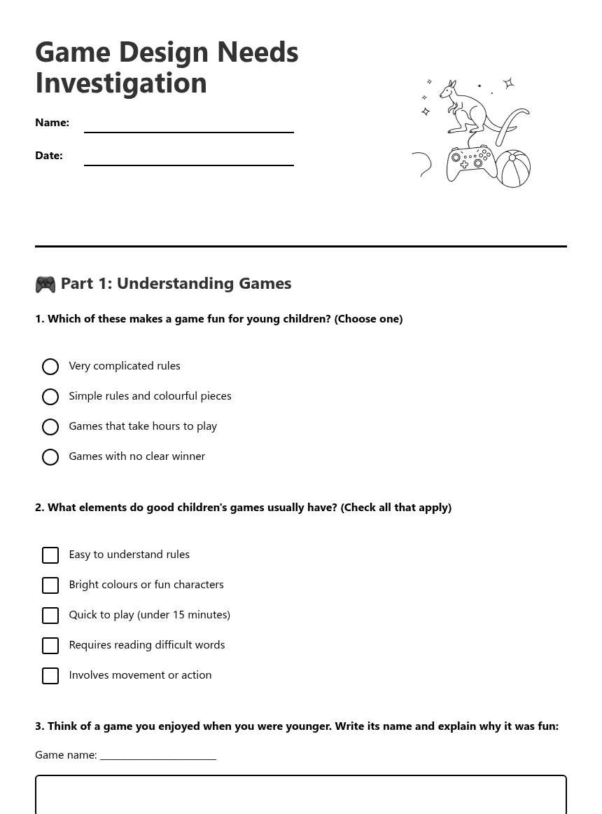 Game Design Needs Investigation worksheet preview