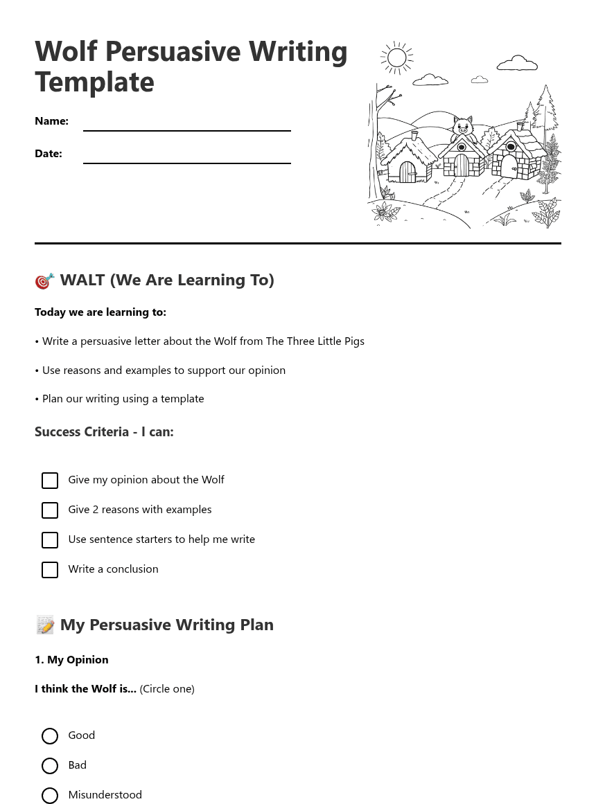 Wolf Persuasive Writing Template worksheet preview