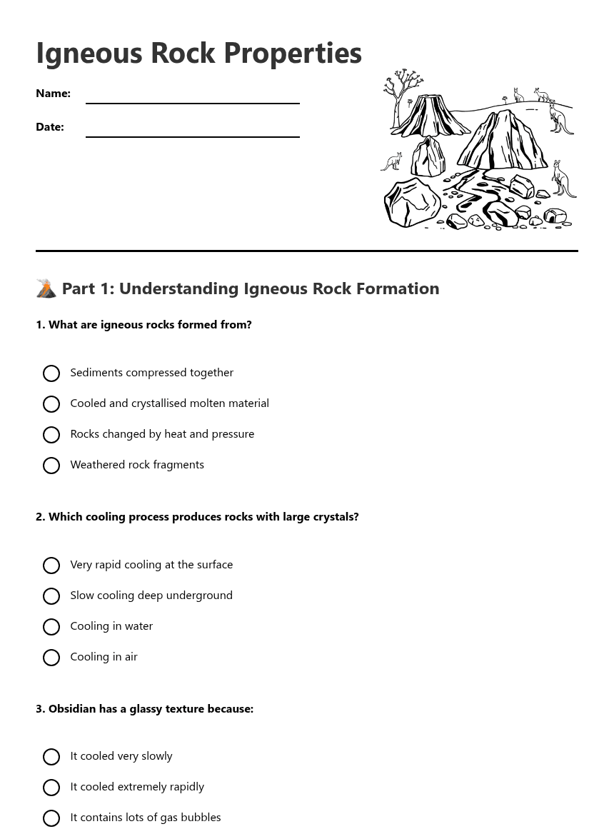 Igneous Rock Properties worksheet preview