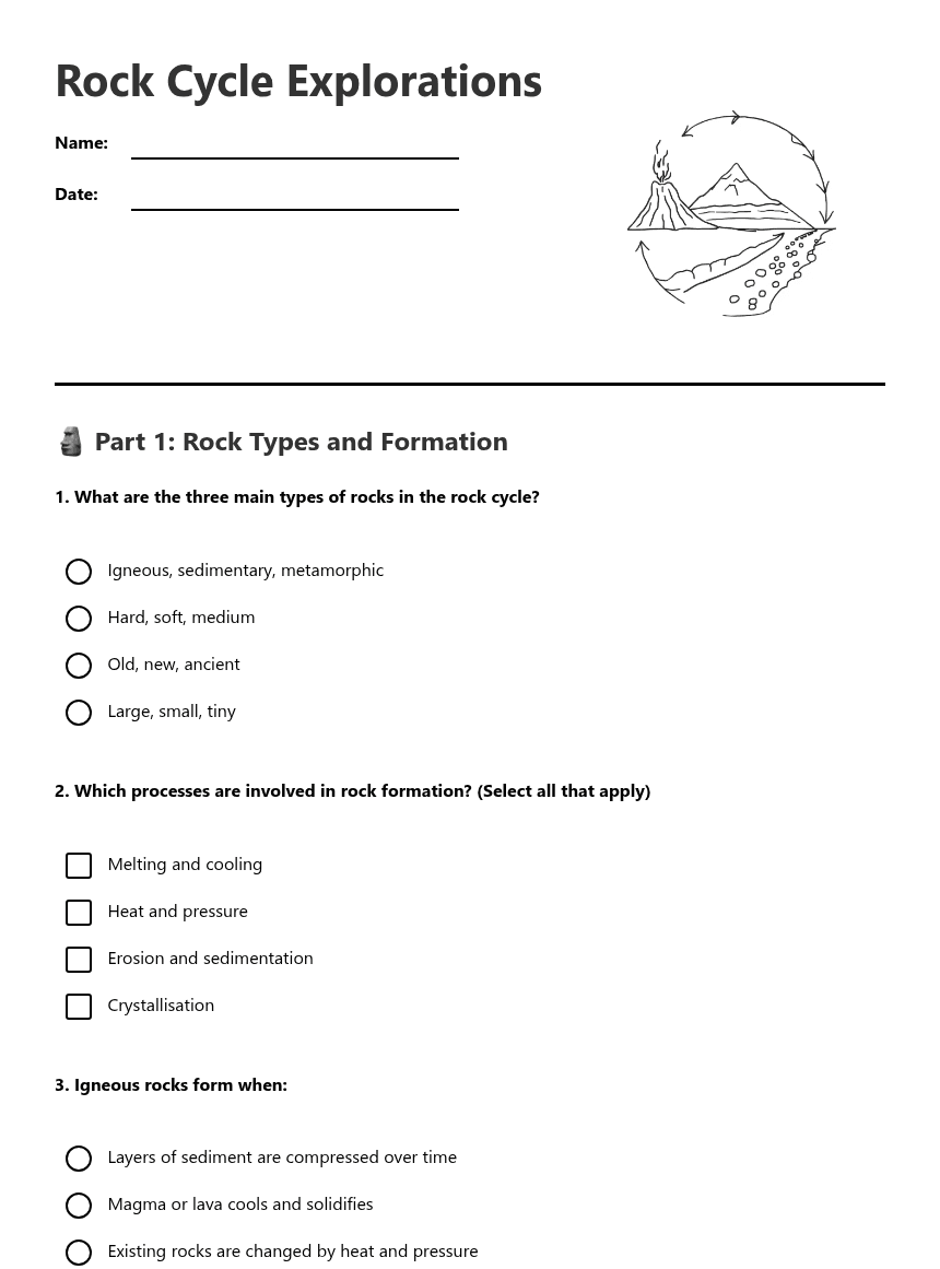 Rock Cycle Explorations worksheet preview