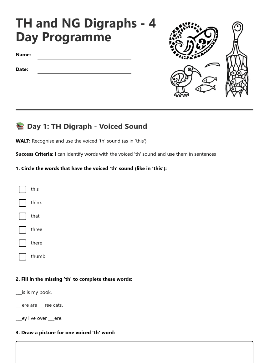 TH and NG Digraphs worksheet preview