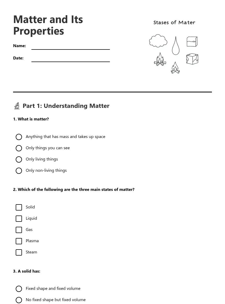 Matter and Its Properties worksheet preview