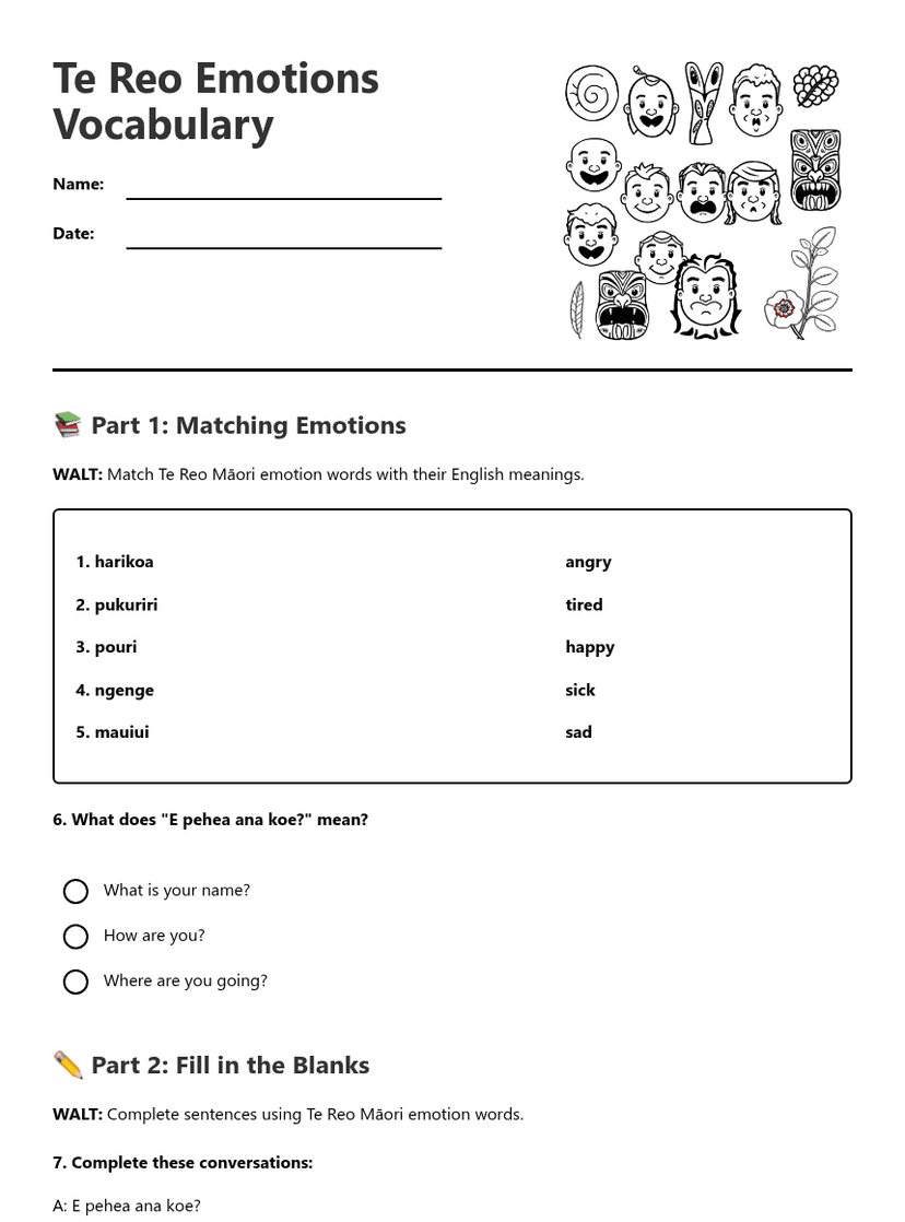 Te Reo Emotions Vocabulary