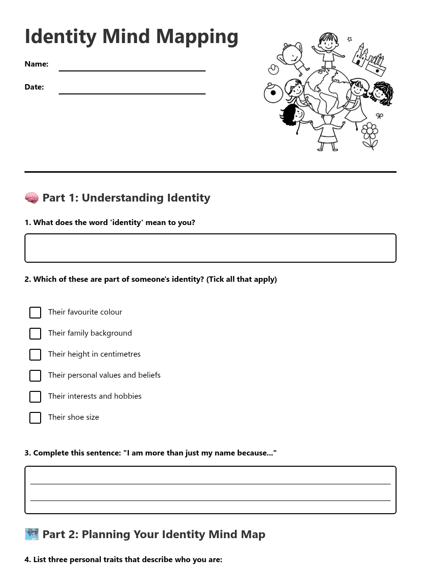 Identity Mind Mapping worksheet preview