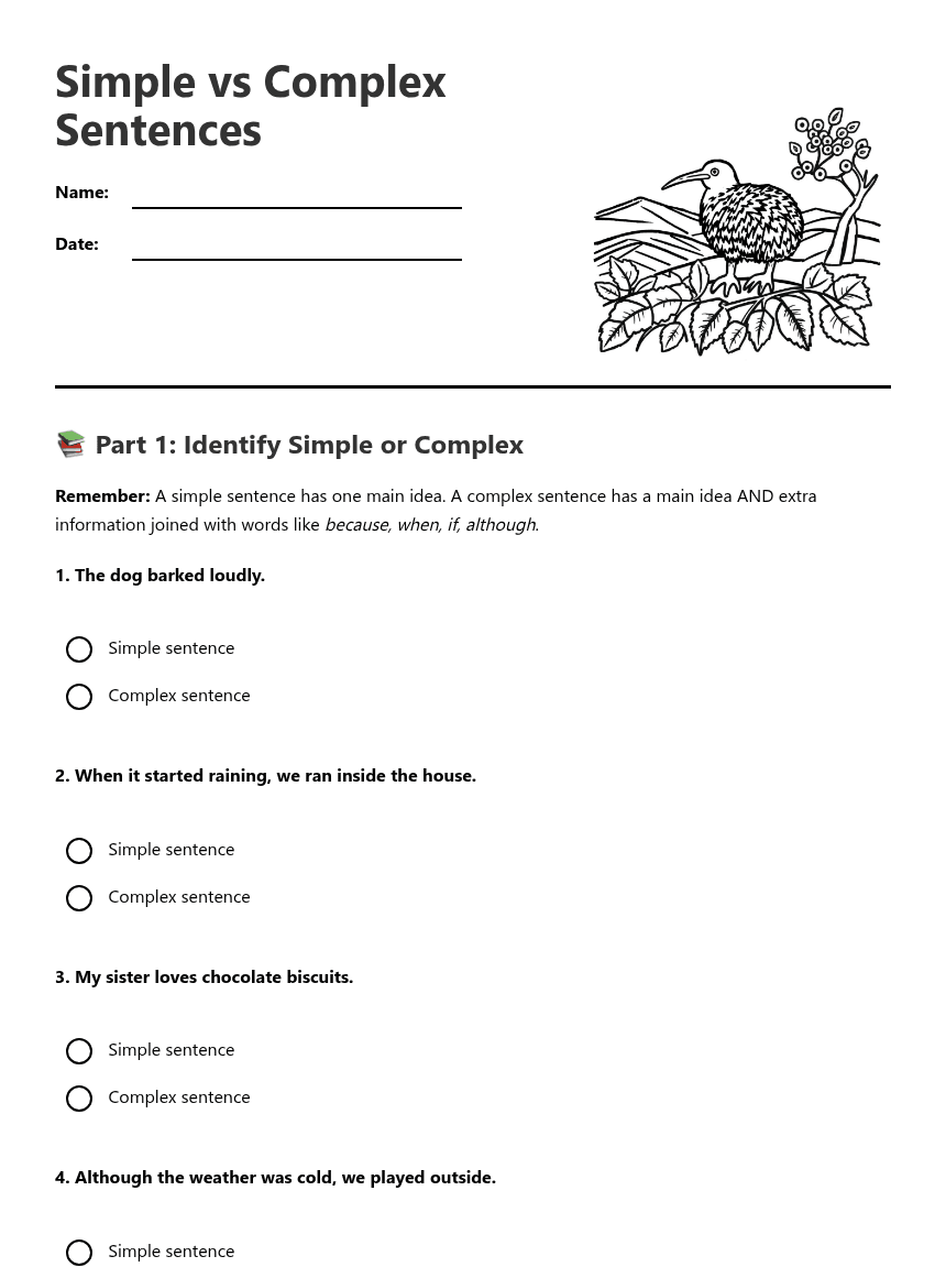 Simple vs Complex Sentences worksheet preview
