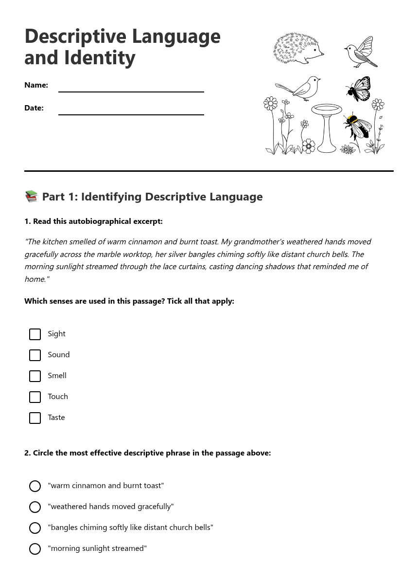 Descriptive Language and Identity worksheet preview