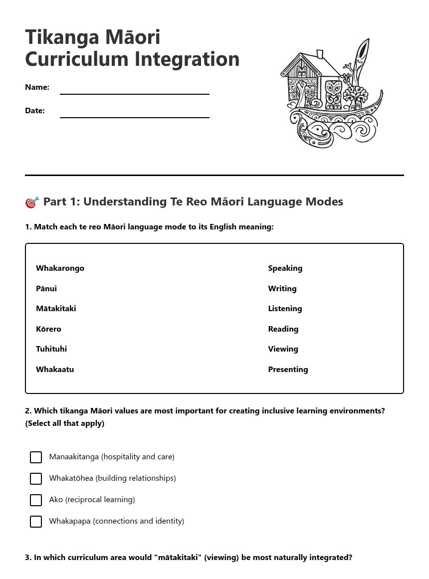 Tikanga Māori Curriculum Integration worksheet preview