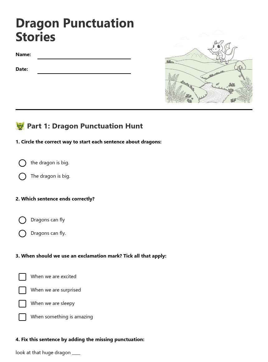Dragon Punctuation Stories worksheet preview