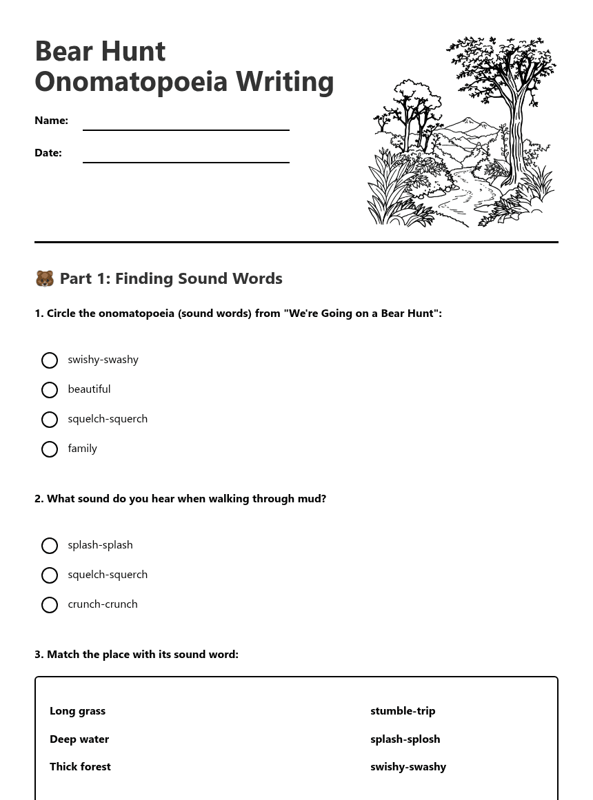 Bear Hunt Onomatopoeia Writing worksheet preview