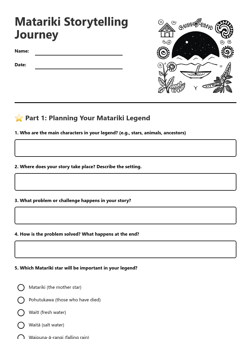 Matariki Storytelling Journey worksheet preview