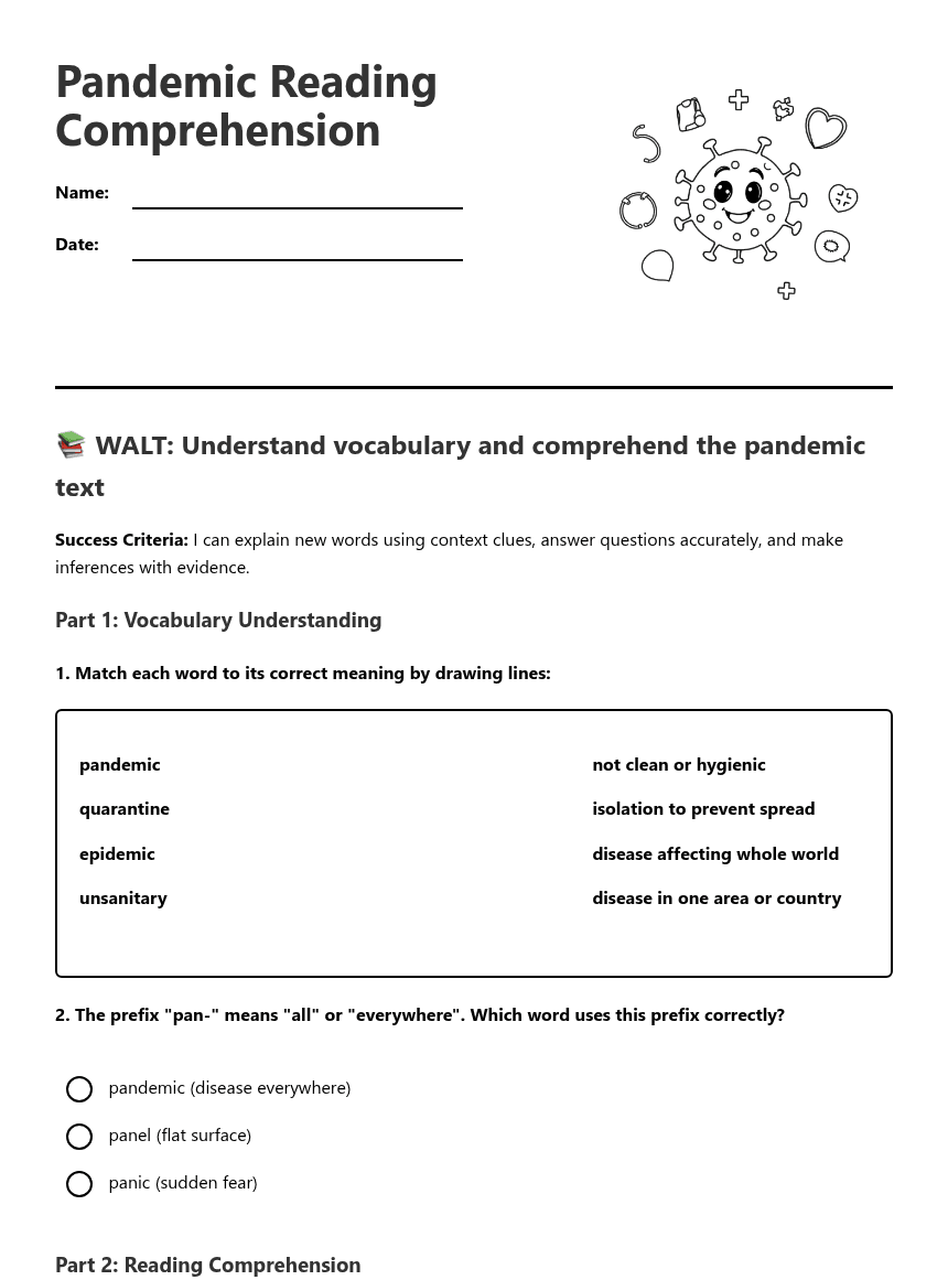 Pandemic Reading Comprehension worksheet preview