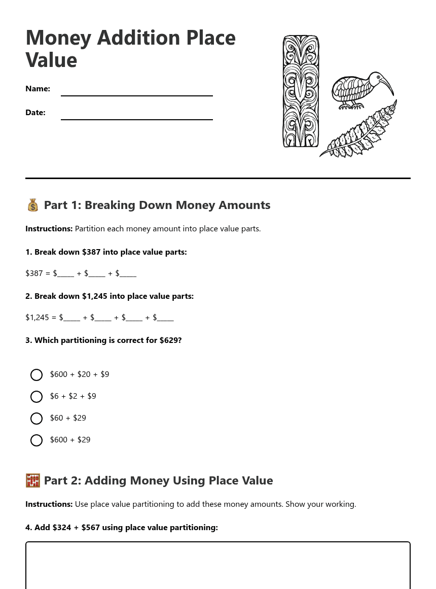 Money Addition Place Value worksheet preview