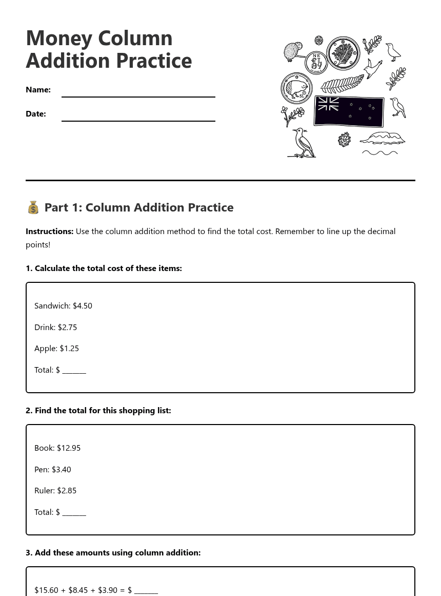 Money Column Addition Practice worksheet preview