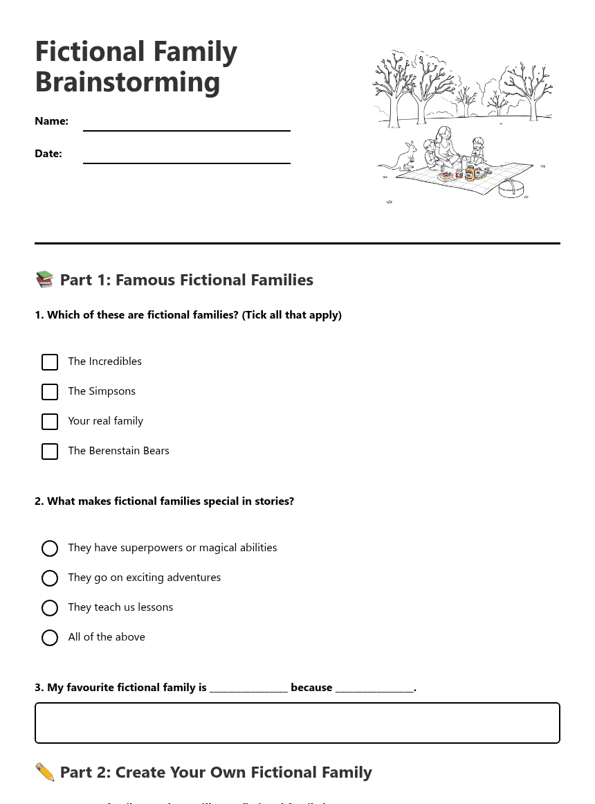 Fictional Family Brainstorming worksheet preview