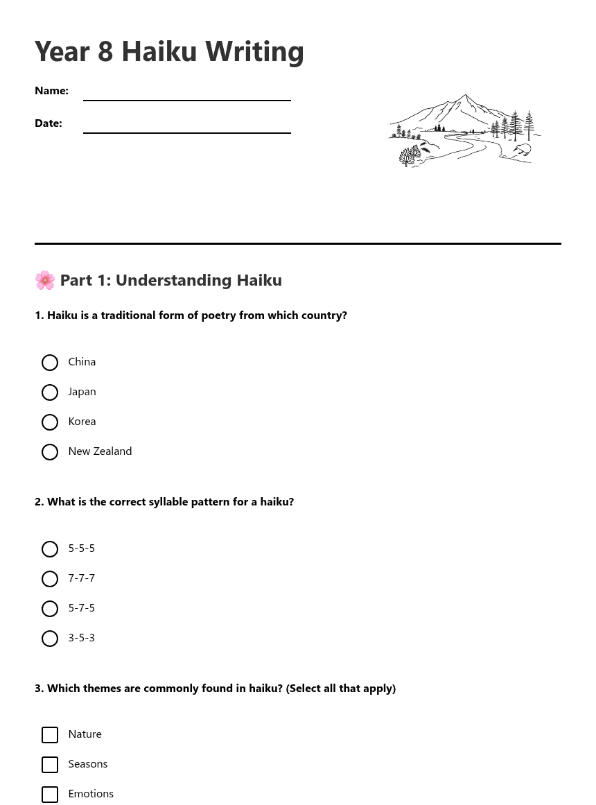 Year 8 Haiku Writing worksheet preview
