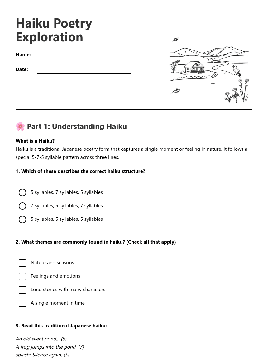 Haiku Poetry Exploration worksheet preview