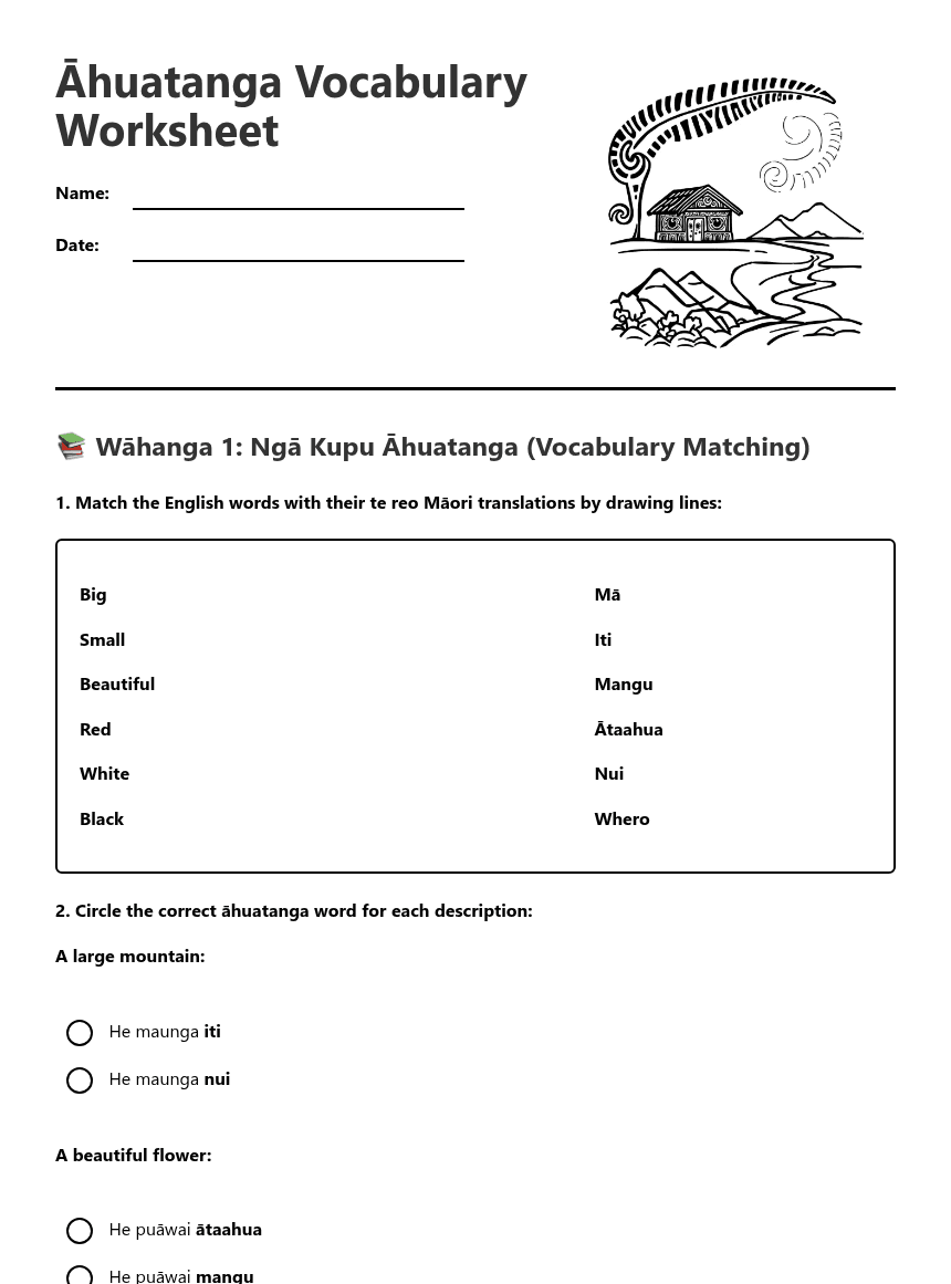 Āhuatanga Vocabulary Worksheet worksheet preview