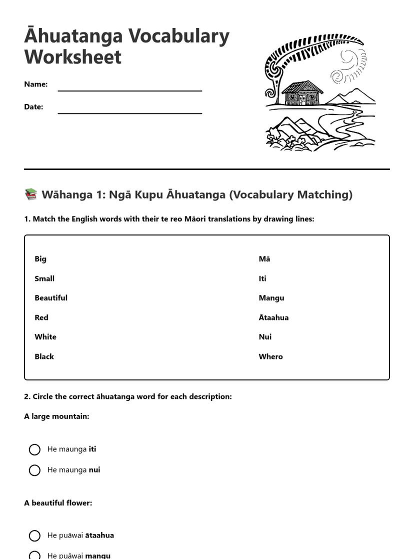 Āhuatanga Vocabulary Worksheet