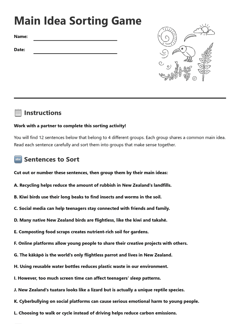 Main Idea Sorting Game