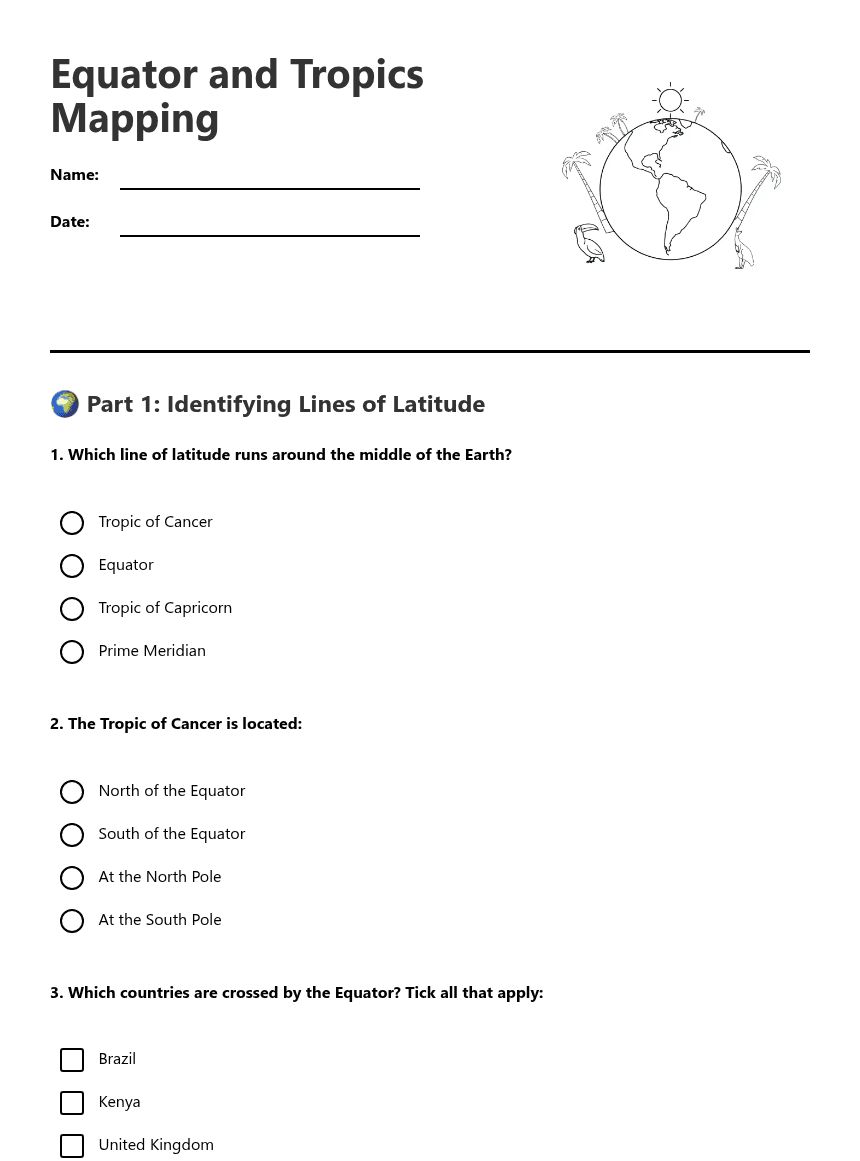 Equator and Tropics Mapping worksheet preview