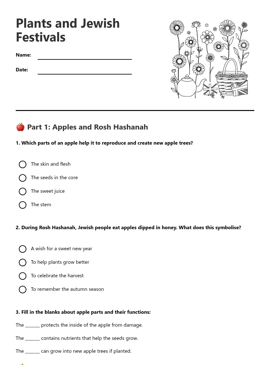 Plants and Jewish Festivals worksheet preview
