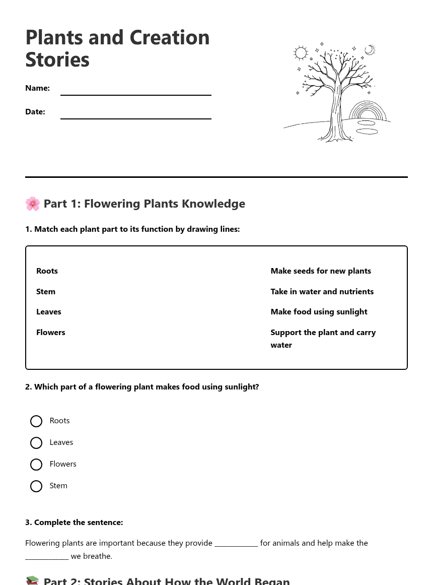 Plants and Creation Stories worksheet preview