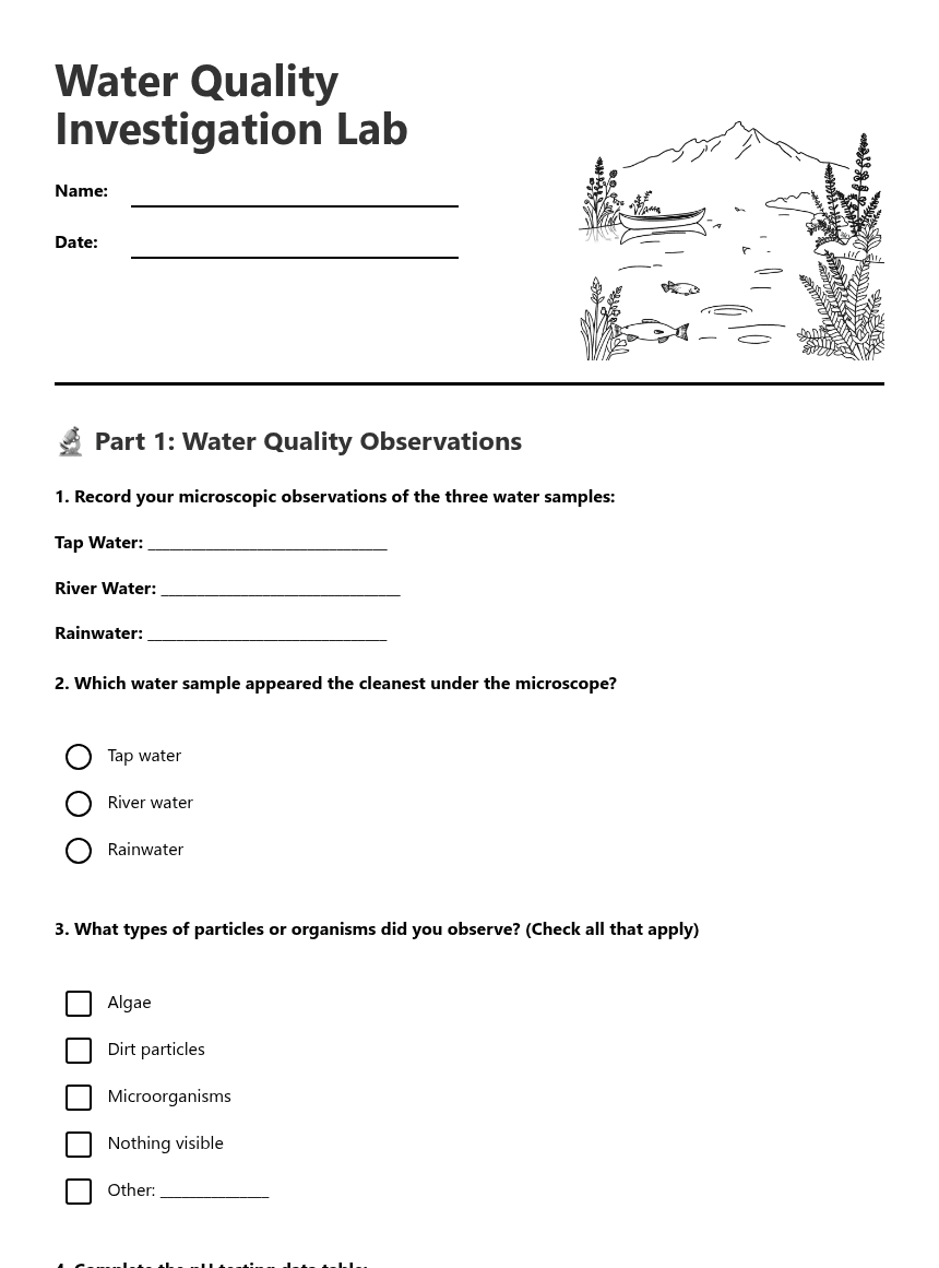 Water Quality Investigation Lab worksheet preview