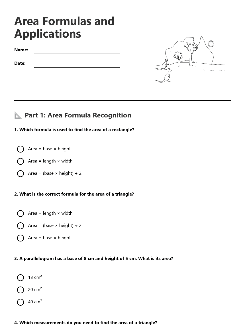 Area Formulas and Applications worksheet preview
