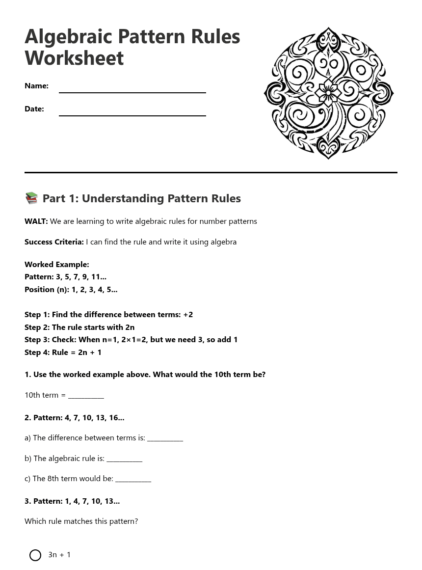 Algebraic Pattern Rules Worksheet worksheet preview