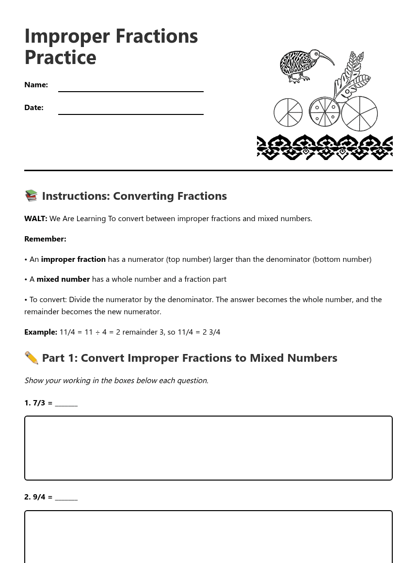 Improper Fractions Practice worksheet preview