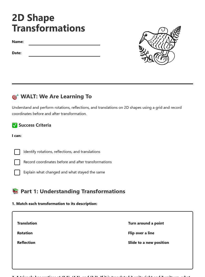 2D Shape Transformations worksheet preview