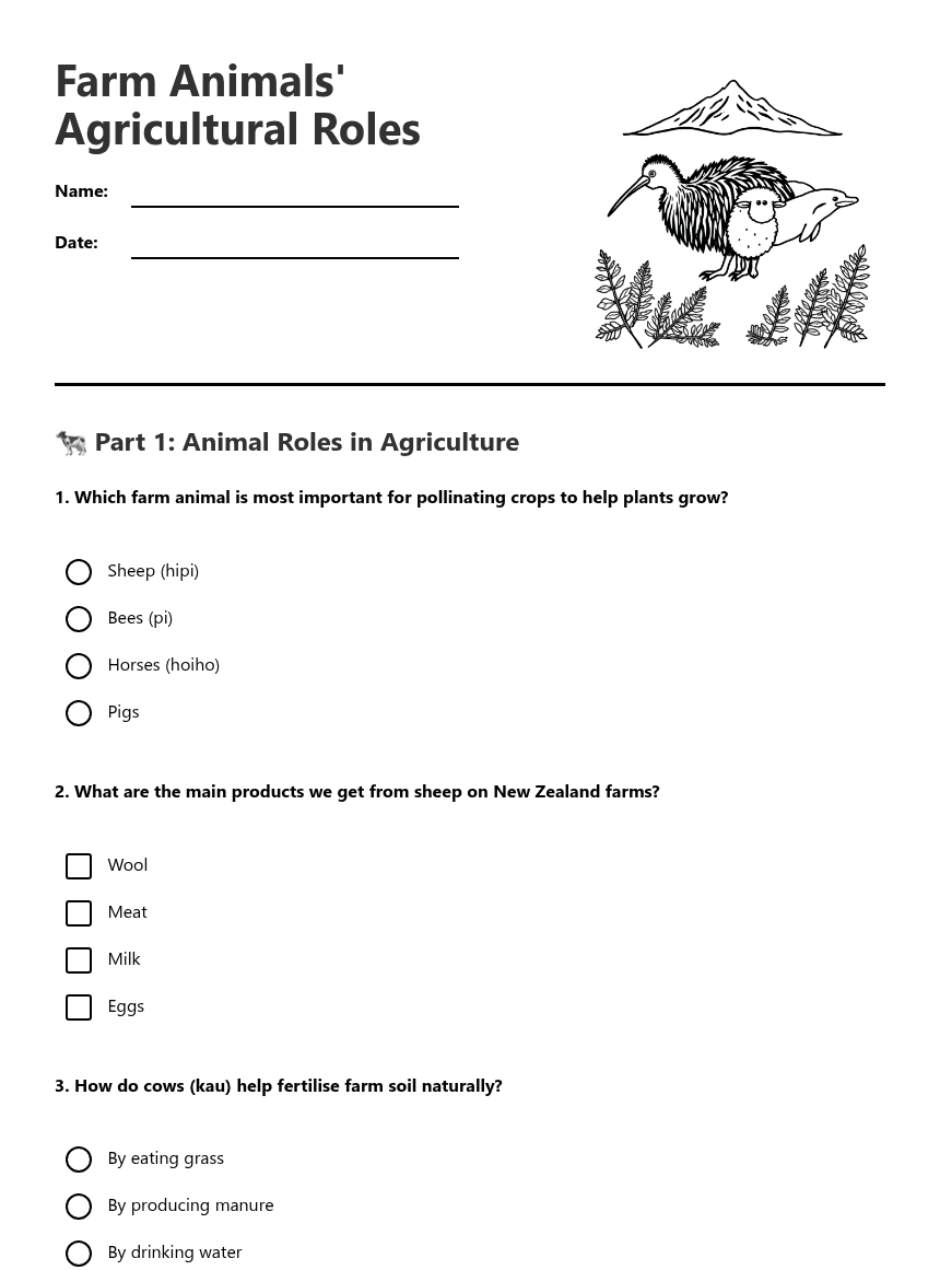 Farm Animals' Agricultural Roles worksheet preview