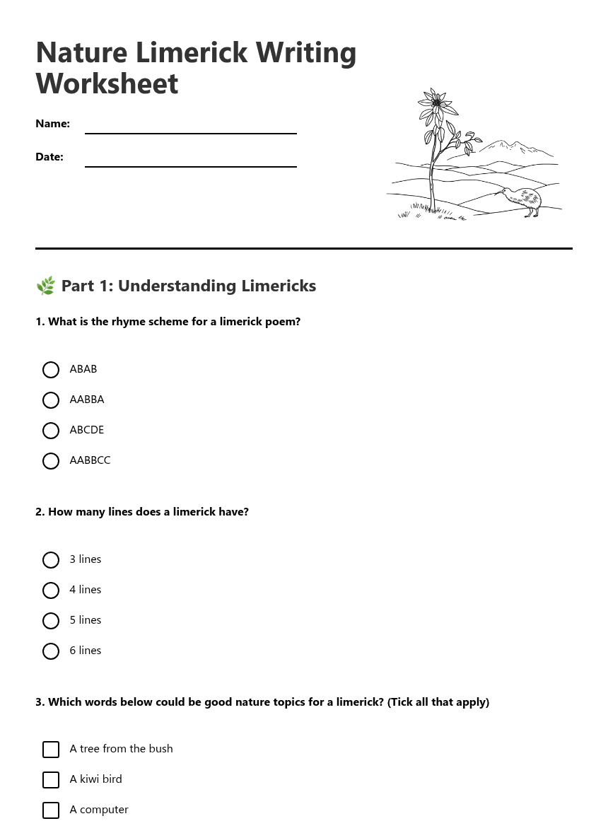 Nature Limerick Writing Worksheet worksheet preview