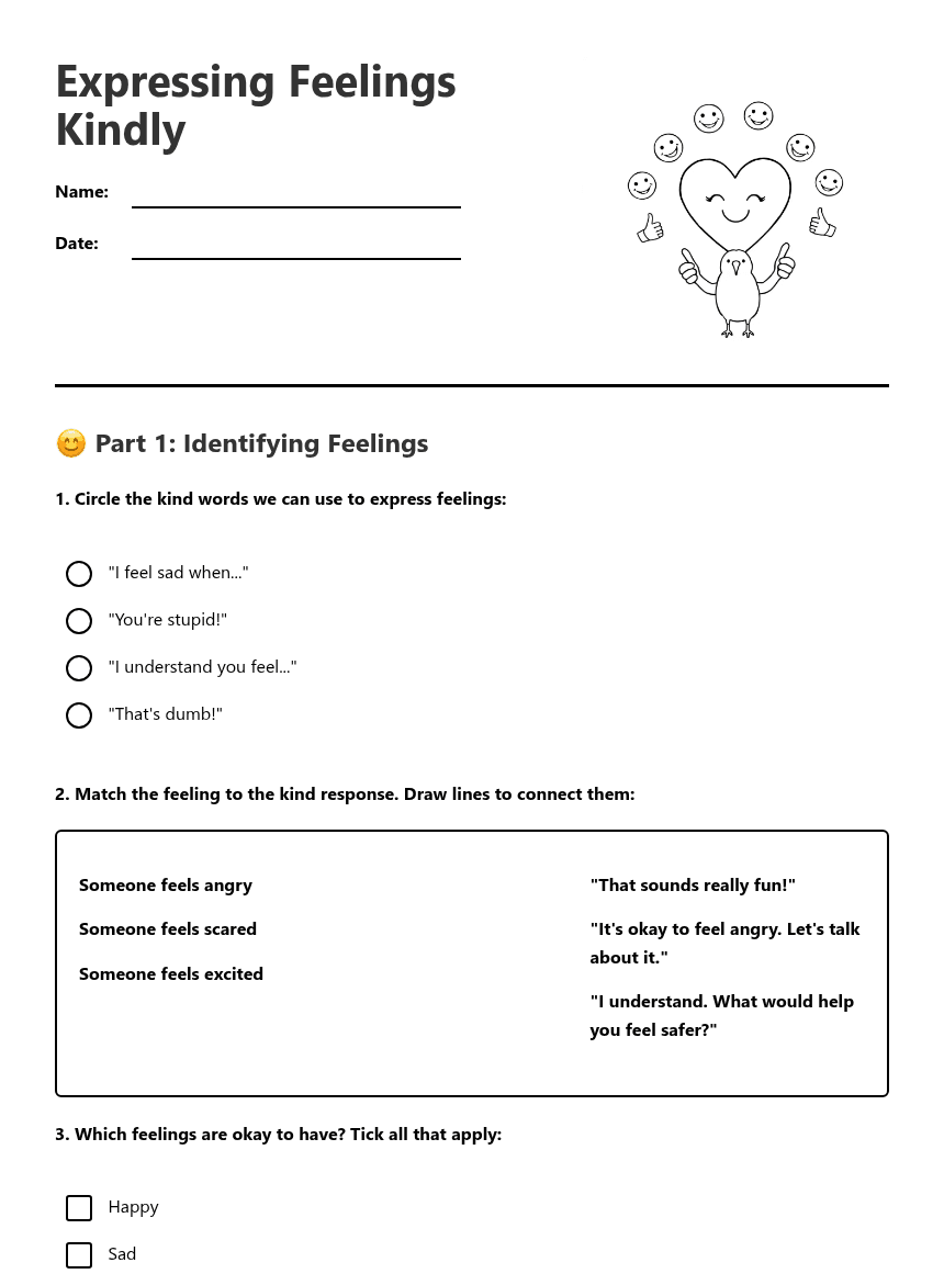 Expressing Feelings Kindly worksheet preview